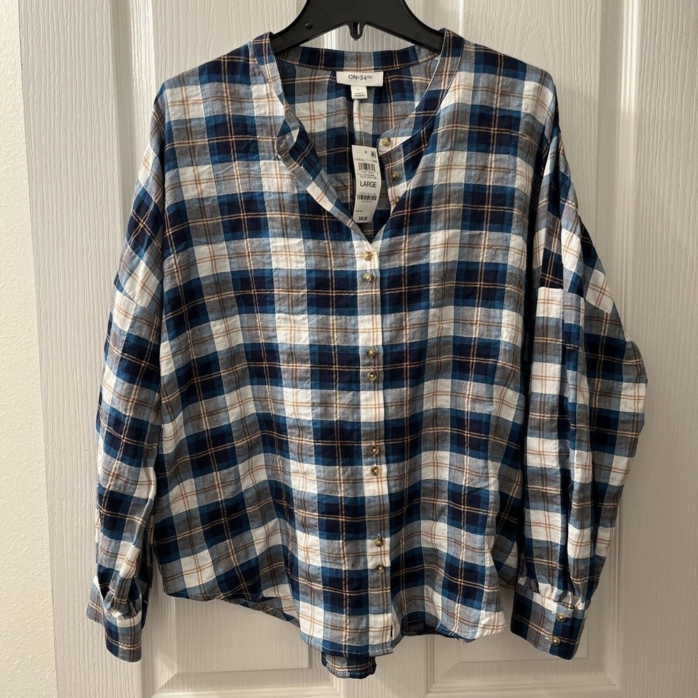On 34th Button Up Shirt Women Medium Teal White Plaid Long Sleeve Top‎ Stretch L